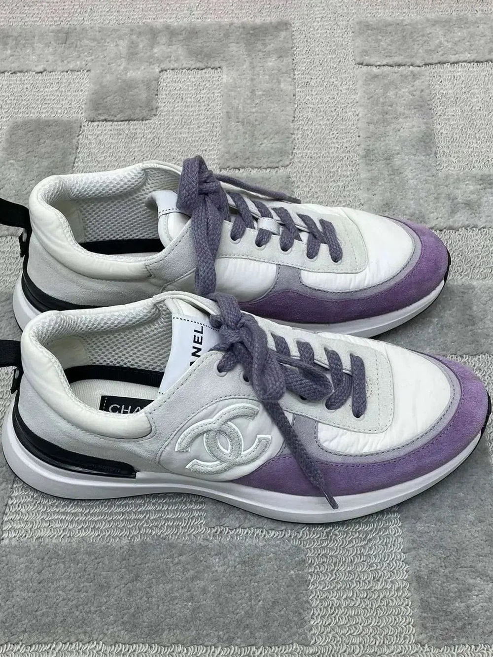 CHANEL White & Lavender Suede-Trim Sneakers